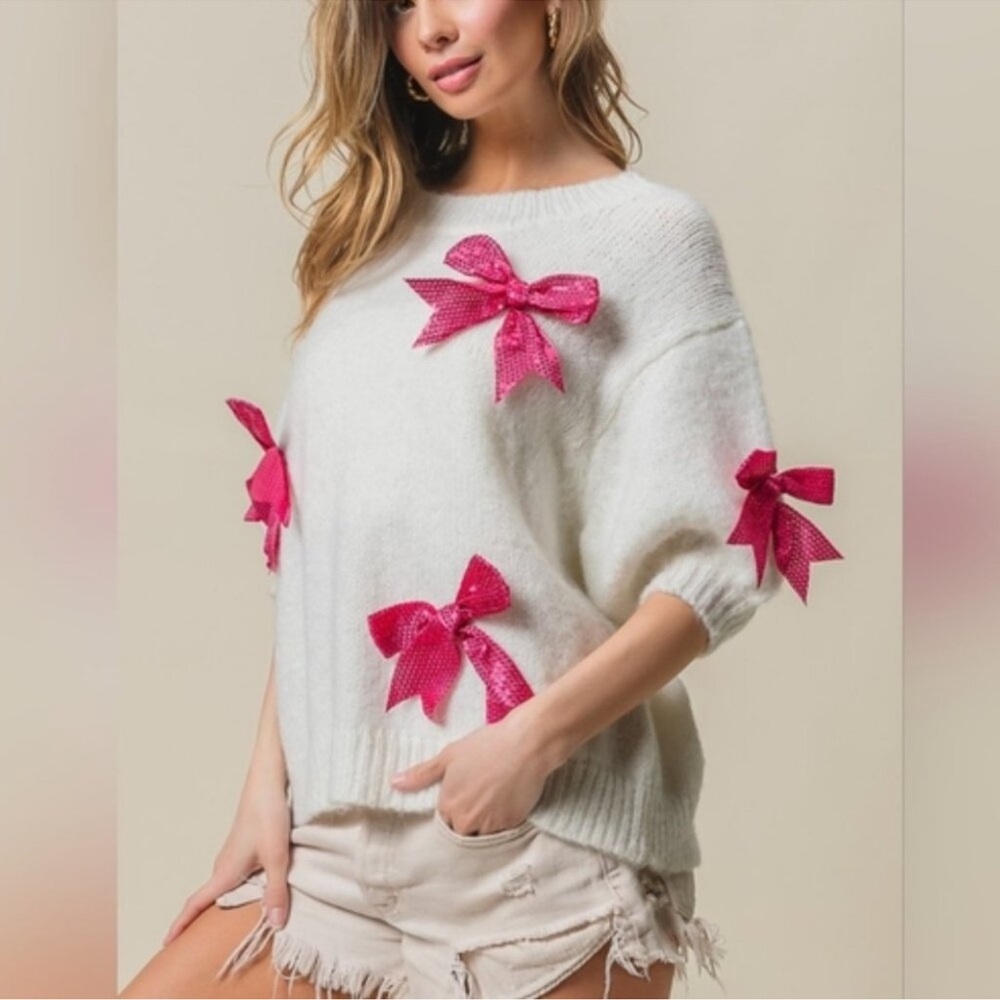BiBi White Sweater with Pink Bows